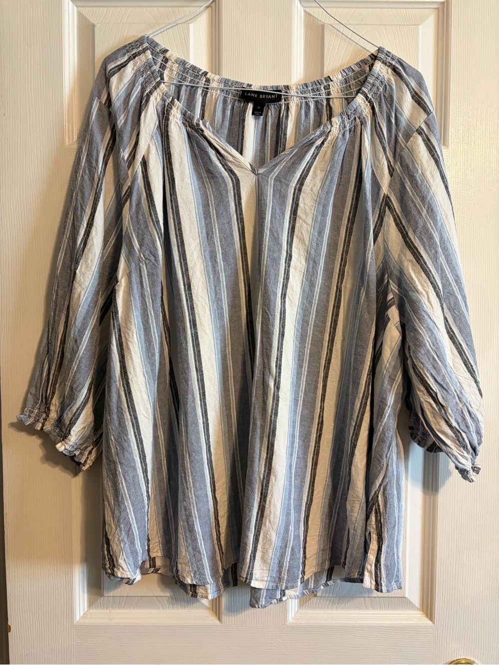 Lane Bryant Striped Linen Blend Tunic V-Neck Blouse Plus Blue White Size 26
